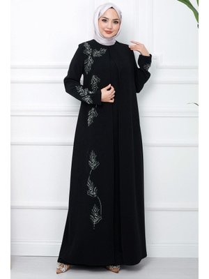 Siyah Büyük Beden Yaprak Taşlı Anne Elbisesi