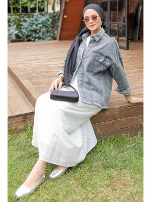 Antrasit Seren Püsküllü Kot Ceket