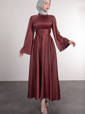 İspanyol Kol Beli Dolamalı Saten Abiye Elbise