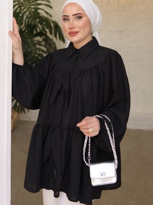 Siyah Balon Kol Ön Detaylı Keten Gömlek