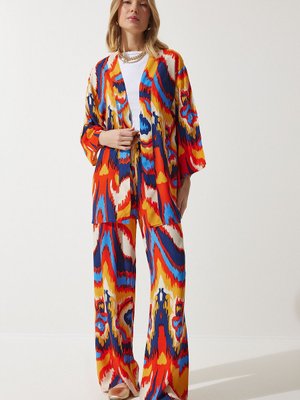 Oranj Desenli Kimono Palazzo Pantolon Takım