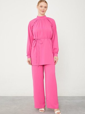 Fuşya Hakim Yaka Volanlı Pantolonlu Takım