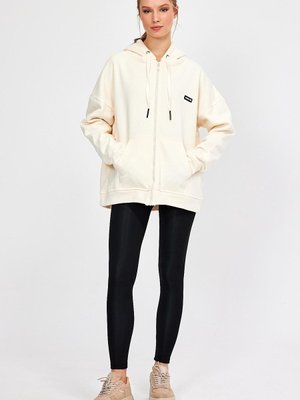 Ekru Fermuarlı Kapüşonlu Oversize Sweatshirt Ekru Fermuarlı Kapüşonlu Oversize Sweatshirt