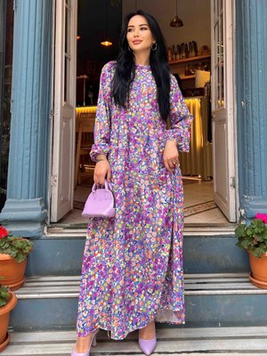 Yaz Çiçekleri Baskılı Elbise Mor Yaz Çiçekleri Baskılı Elbise Mor