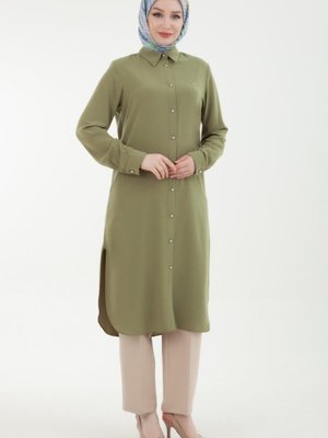 Gömlek Yakalı Kolu Manşetli Düğmeli Tunik Yağ Yeşili