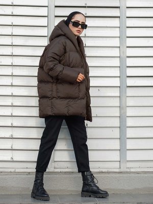 Kapüşonlu Oversize Şişme Mont Kahve