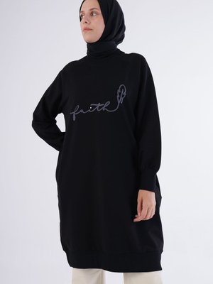 Siyah Faith Yazılı Nakışlı Sweat Tunik