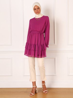Fuşya Kat Kat Bağlama Detaylı Şifon Tunik Koyu