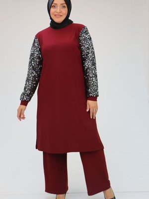 Bordo Büyük Beden Pul Payet Kollu Pantolonlu Takım Bordo Büyük Beden Pul Payet Kollu Pantolonlu Takım