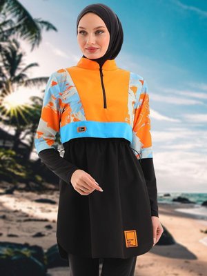 Turuncu Mavi Göğüsde Fermuar Detaylı Parça Tam Kapalı Mayo