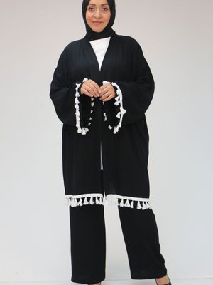Siyah Büyük Beden Püskül Detaylı Üçlü Takım Siyah Büyük Beden Püskül Detaylı Üçlü Takım