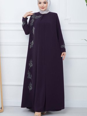 Büyük Beden Yaprak Taşlı Anne Elbisesi Mor
