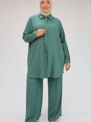 Çağla Yeşili Büyük Beden Düz Dokuma Pantolon Gömlek Takım Çağla Yeşili Büyük Beden Düz Dokuma Pantolon Gömlek Takım