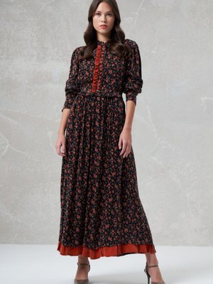 Düğme Detaylı Desenli İpek Elbise Turuncu