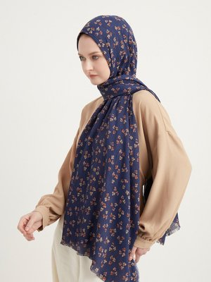 Lacivert Çiçek Desenli Şal