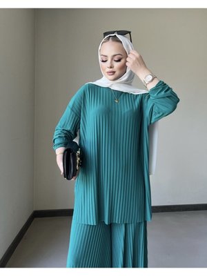 Harika Komple Piliseli Bol Paça Pantolon Ve Tunik Sandy Takım