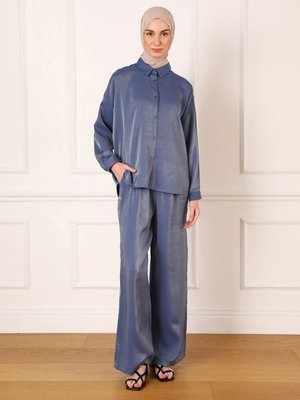 Mavi Simli Kumaş Tunik & Pantolon Şık Takım