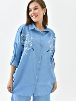 Denim Nakış İşlemeli Gömlek Ve Pantolon Takımı