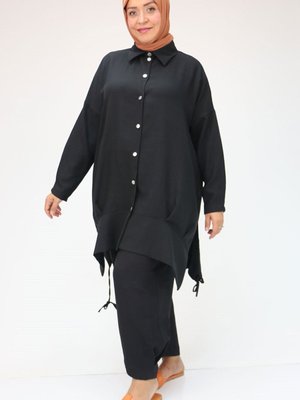 Siyah Büyük Beden Pile Detaylı Düşük Kol Pantolonlu Takım Siyah Büyük Beden Pile Detaylı Düşük Kol Pantolonlu Takım