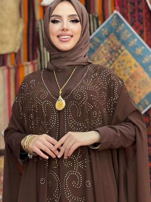 Kahve Işlemeli Tüllü İkili Ferace Takım T