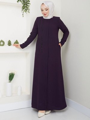 Ön Ve Kol Taş Detaylı Büyük Beden Ferace