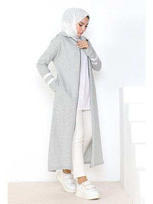 Gri Kapüşonlu Şerit Detay Kap