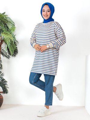 Ribanalı Çizgili Penye Tunik Saks