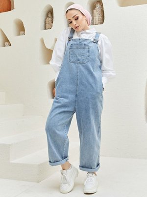 Rahat Kalıp Cepli Kot Tulum Mavi