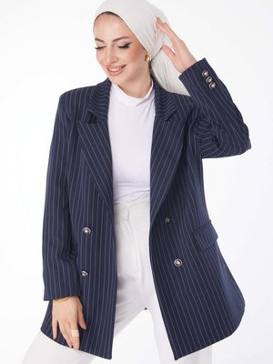 Düz Yaka Lacivert Çizgili Ceket