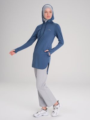 Active Uzun Kollu Kapüşonlu Mavi Antrenman Tişörtü Act