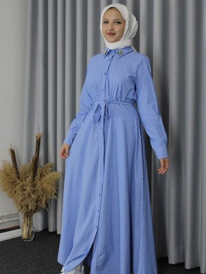 Mavi Çizgili Gömlek Elbise