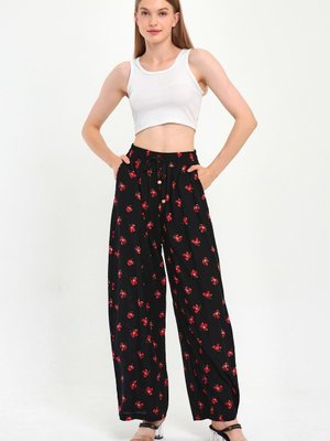 Kırmızı Siyah Beli Lastikli Desenli Palazzo Pantolon Kırmızı Siyah Beli Lastikli Desenli Palazzo Pantolon