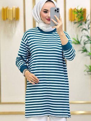 Ince Kumaş Su Yeşil Çizgili Yazlık Tunik