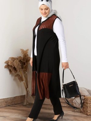 Kadin Buyuk Beden Yelek Anne Uzun Ve Tasli Kahverengi