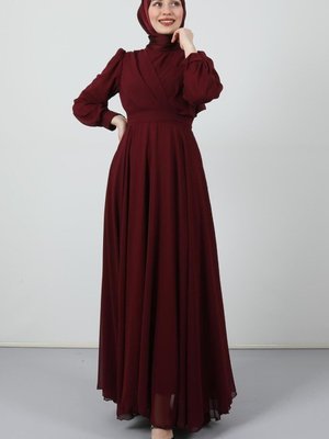 Önü Çapraz Şifon Elbise Bordo