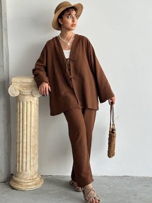 Kahve Kimonosu Bağcıklı İkili Takım