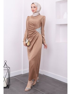 Vizon Taş Detaylı Saten Abiye Elbise