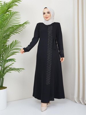 Aslı Kadın Önü Fermuarlı Dışı Yandan Bağlamalı Taşlı Yeni Sezon Büyük Beden Ferace