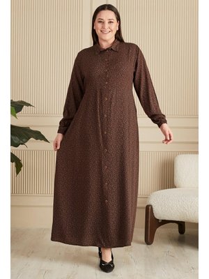 Kahverengi Kadin Buyuk Beden Çıtır Desen Yazlik Tesettur Elbise