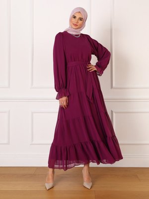 Vişne Kuşaklı Dökümlü Abiye Elbise