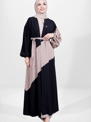 Siyah Bej Seyyar Kuşaklı Karpuz Kol Detaylı Renkli Abaya Takım Siyah Bej Seyyar Kuşaklı Karpuz Kol Detaylı Renkli Abaya Takım
