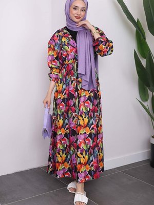 Siyah/lila Kol Bel Lastikli Desenli Elbise Siyah/lila Kol Bel Lastikli Desenli Elbise