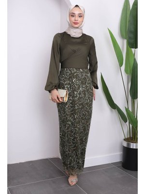 Haki Ön Bağlamalı Pul Payetli Abiye Elbise Haki Ön Bağlamalı Pul Payetli Abiye Elbise