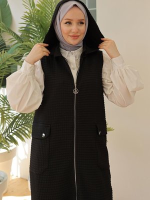 Trend Kapitone Desenli Yandan Cepli Kapüşonlu Yelek Arkimmoda