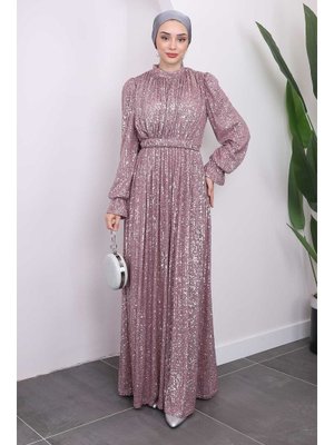 Pudra Kol Detaylı Pul Payetli Abiye Elbise