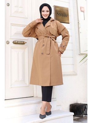 Taba Arkası Düğme Detaylı Kruvaze Yaka Trençkot