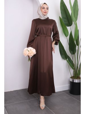 Kahverengi Hakim Yaka Balon Kol Saten Abiye Elbise Kahverengi Hakim Yaka Balon Kol Saten Abiye Elbise
