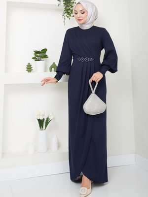 Aplike Taşlı Uzun Günlük Abiye Elbise Lacivert