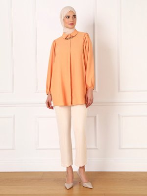 Turuncu İpek Tuşeli Volümlü Kol Detaylı Tunik