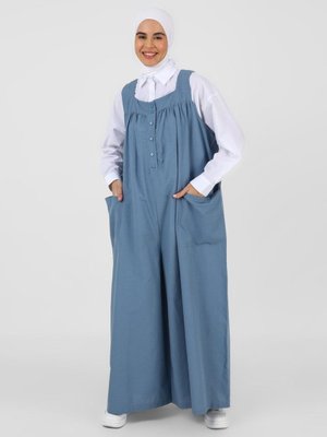 Düğme Detaylı Salaş Tulum İndigo Düğme Detaylı Salaş Tulum İndigo